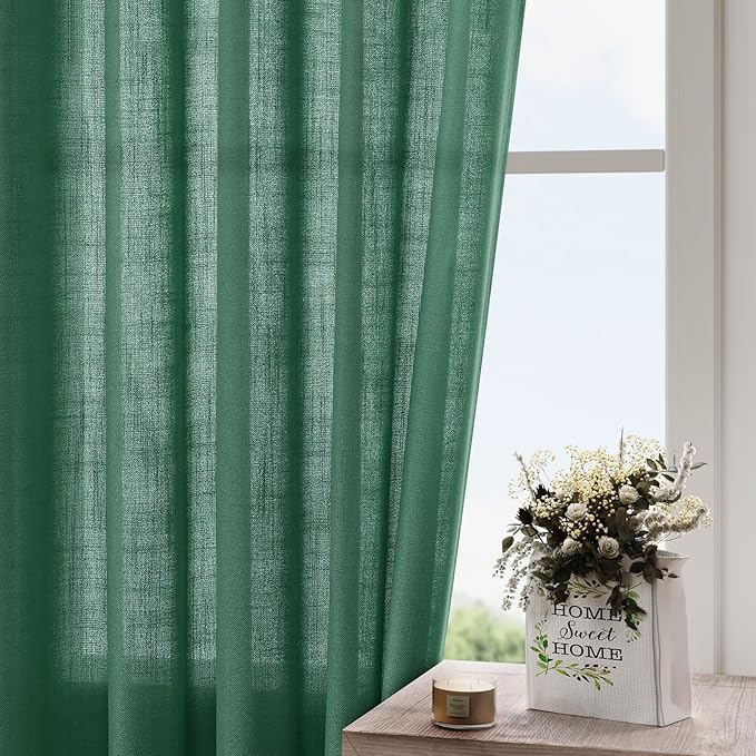 Extra Long Dark Green Linen Curtains 120 Inch for Living Room 2 Panels Set Rod Pocket Back Tab Linen Window Drapes Semi Sheer Light Filtering Privacy High Ceiling Drapes for Farmhouse 52x120