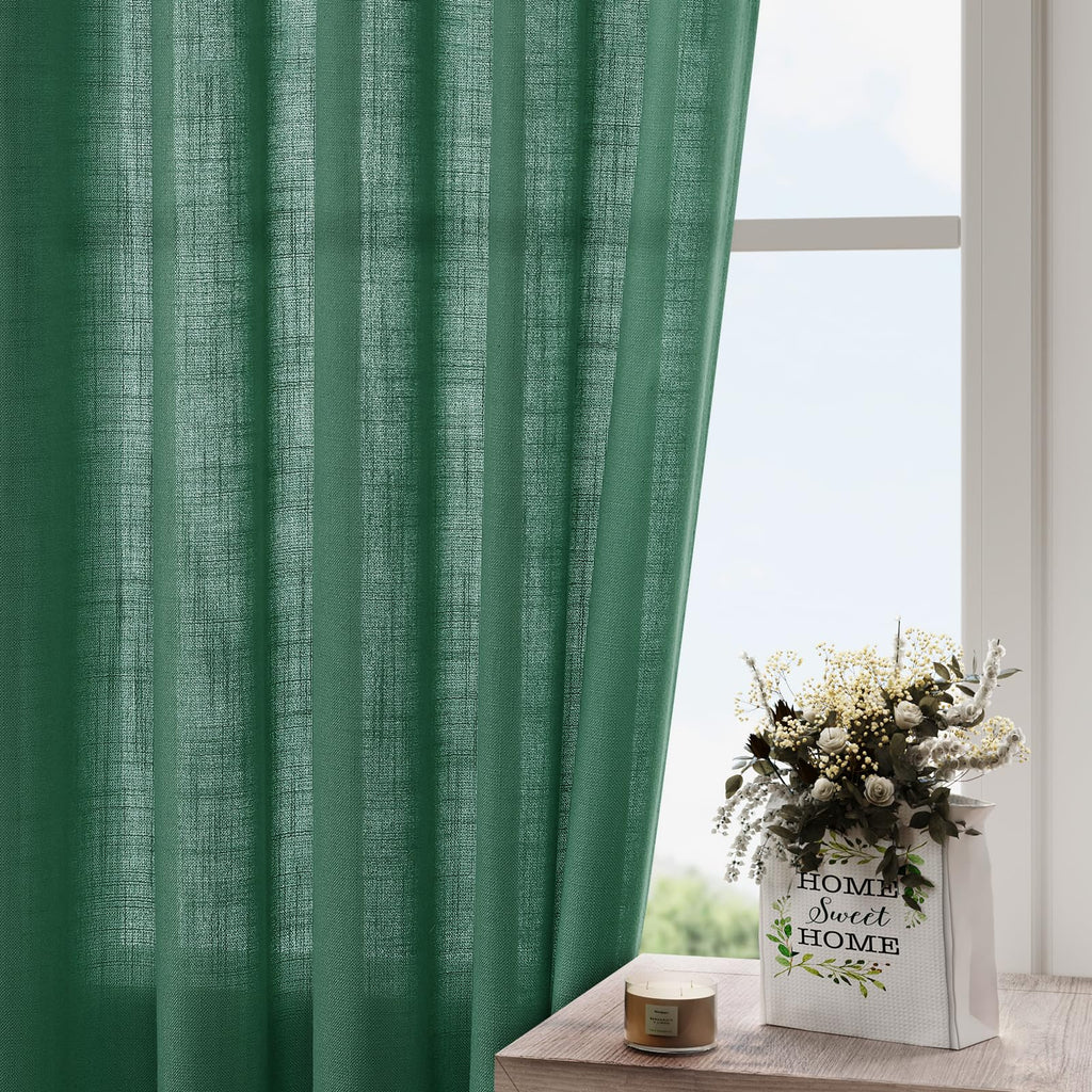 Extra Long Dark Green Linen Curtains 120 Inch for Living Room 2 Panels Set Rod Pocket Back Tab Linen Window Drapes Semi Sheer Light Filtering Privacy High Ceiling Drapes for Farmhouse 52x120