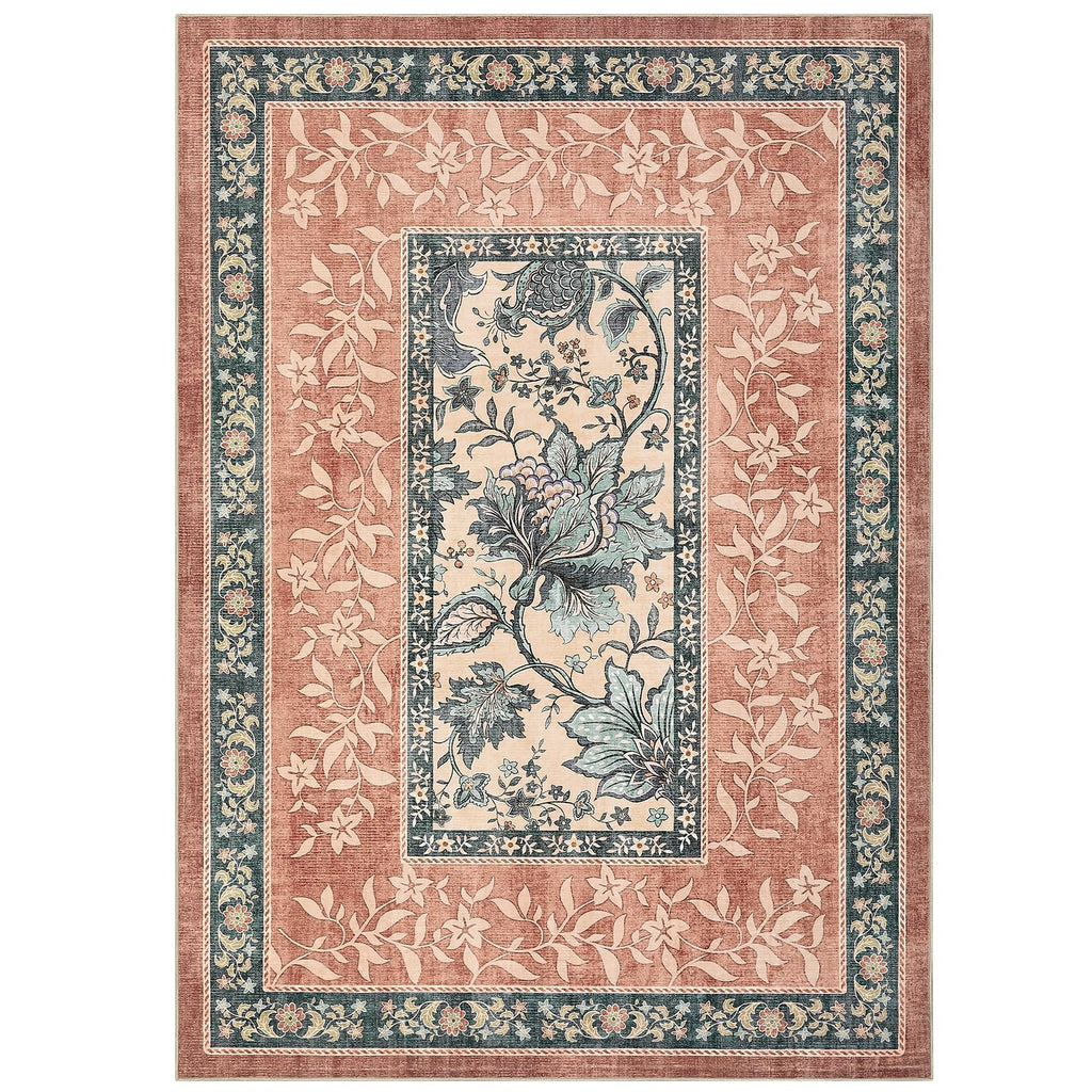 GarveeHome Terracotta Teal Washable 5x7 Area Rugs, Botanical Grove Vintage Cottage core Non-Slip Rug for Bedroom Living Room Nursery Kitchen Low-Pile Retro Carpet