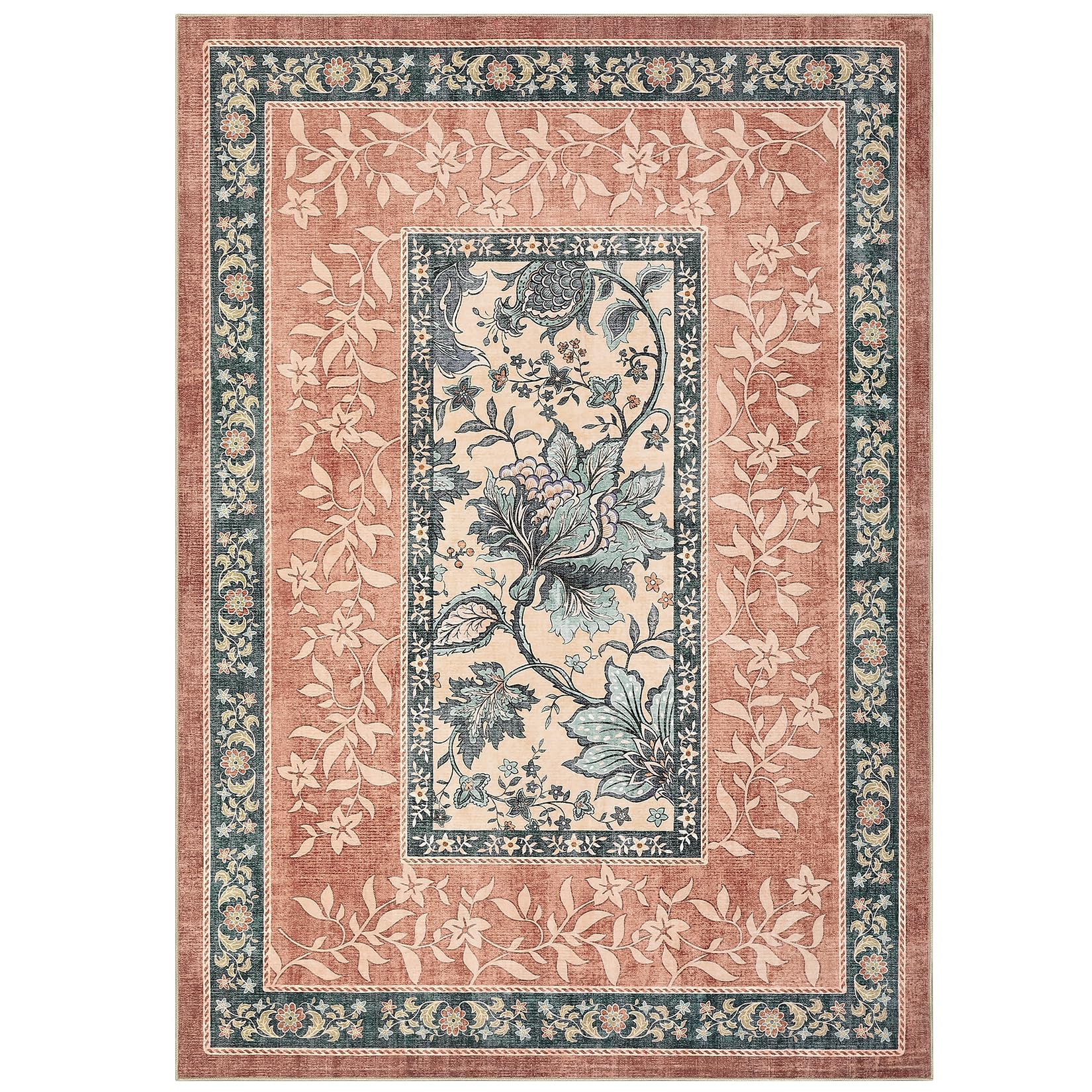 GarveeHome Terracotta Teal Washable 6x9 Area Rugs, Botanical Grove Vintage Cottagecore Non-Slip Rug for Living Room Bedroom Nursery Kitchen Low-Pile Retro Large Carpet