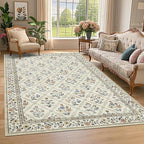 Large Entryway Rug 3x5 Floral Washable Area Rugs Vintage Soft Non-Slip Small Floor Carpet Doormat Stain Resistant Low-Pile Ultra-Thin Entry Mat for Bedside Kitchen Beige