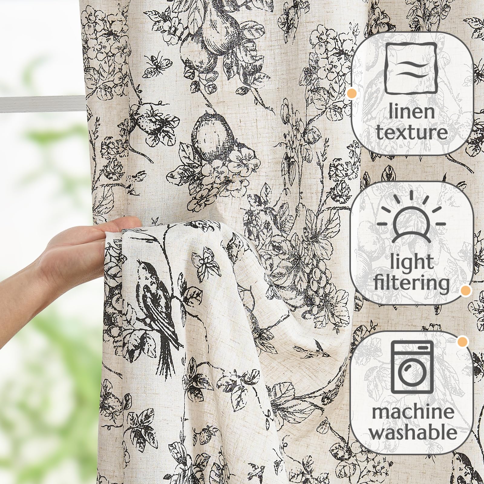 jinchan Black Floral Linen Curtains 63 Inch Vintage Back Tab 2 Panels