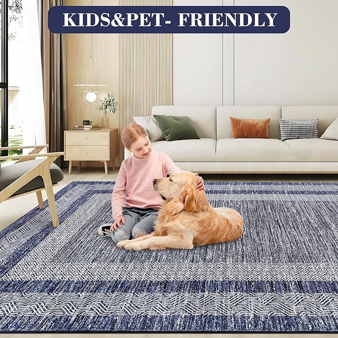 GarveeHome 2.5x8 Modern Bordered Runner Rug Soft Non Slip Washable Floor Carpet Distressed Geometric Hallway Indoor Printed Rug for Kitchen Entrance, Blue