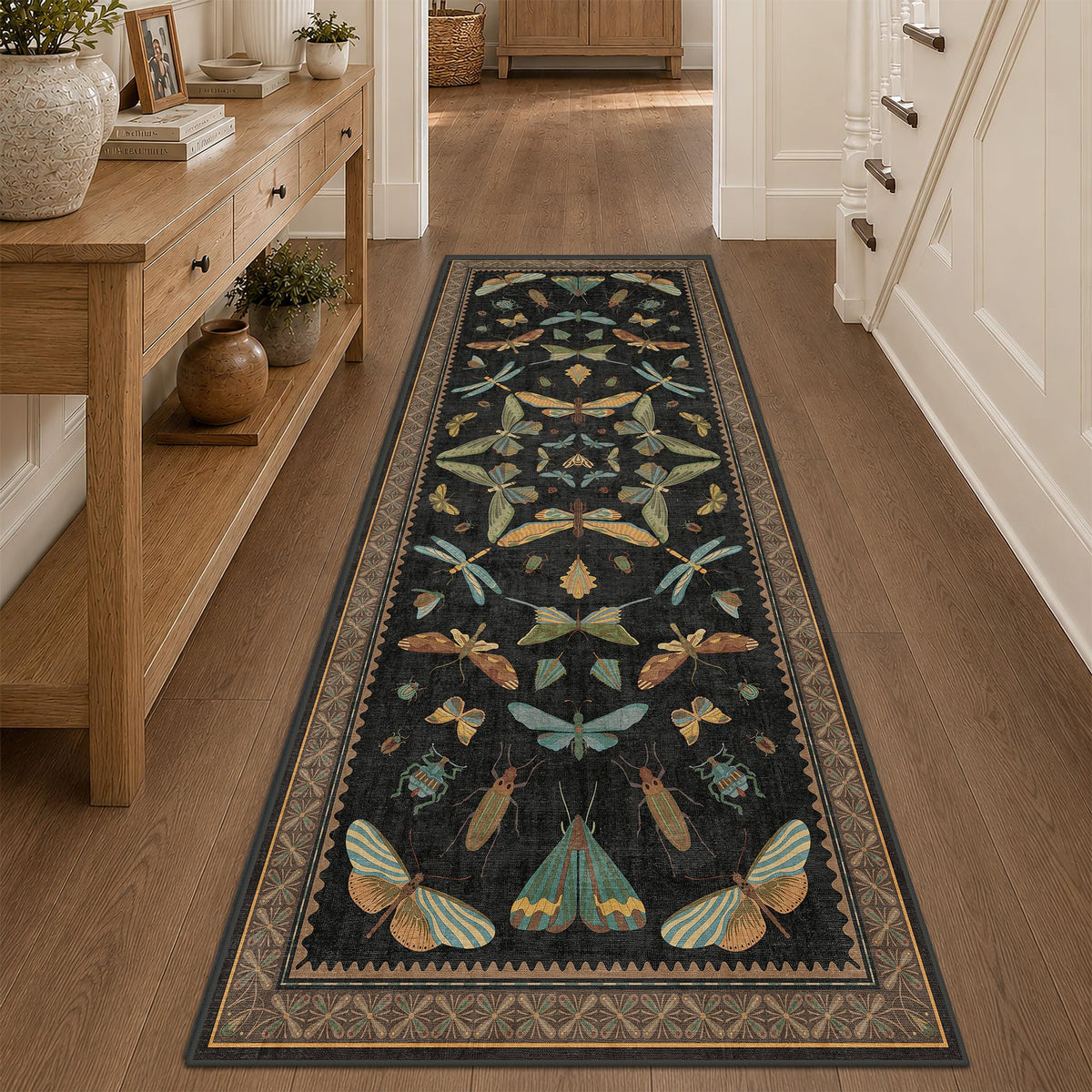 3x8 Green and Black Wide Hallway Runner Rugs - 8ft Washable Kitchen Floor Mats Non Slip, Floral & Insect Pattern Rug for Entryway, Vintage Stain Resistant Indoor Décor