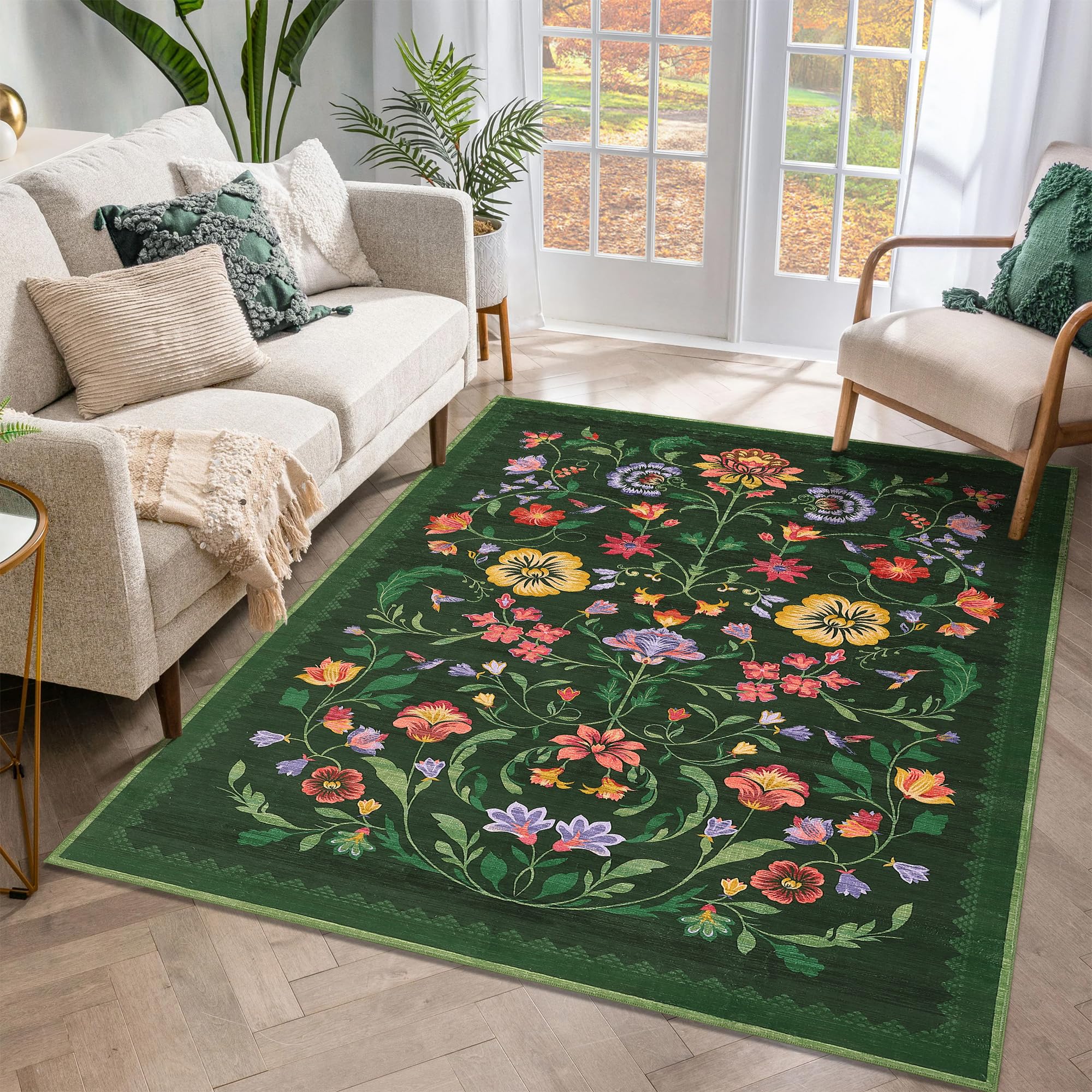 GarveeHome Washable Rug 4x6 Area Rugs for Living Room, Floral Rug for Bedroom, Soft Boho Non Slip Throw Rugs with Rubber Back, Low Pile Stain Resistant Vintage Floral Carpet for Dining Room, Green