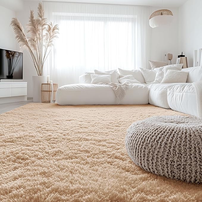 OLANLY 9x12 Machine Washable Large Area Rugs for Living Room, Bedroom, Soft Fluffy Shaggy Bedside Rug, Indoor Floor Carpet for Kids Girls and Boys, Dorms, Nursery, Home Decor Aesthetic, Beige