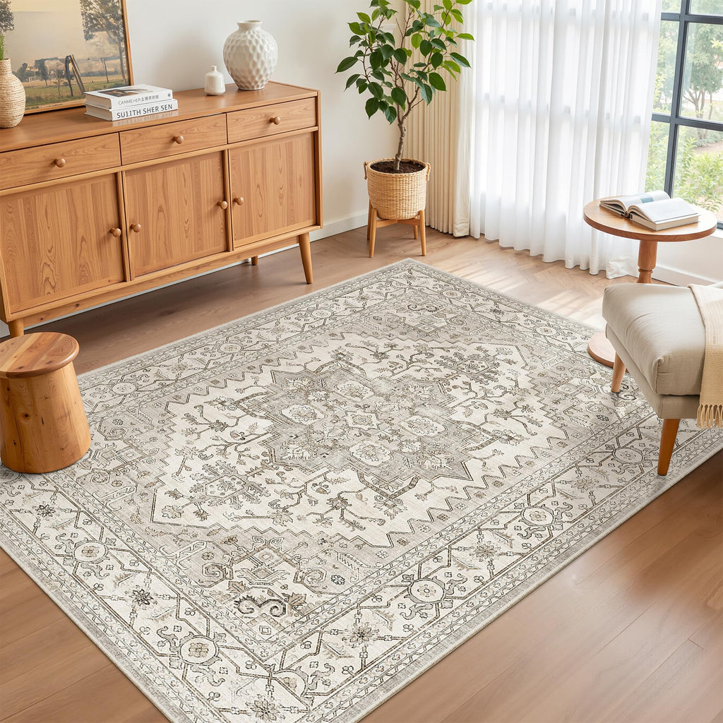Madane Area Rug 4x6 Washable Rugs Vintage for Living Room, Beige/Brown