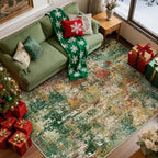 Washable Area Rugs 8'x10' Non-Slip Modern Abstract Soft for Living Room Entryway Bedroom Nursery, Print Pattern, Green Orange Rust Red Cream Colorful