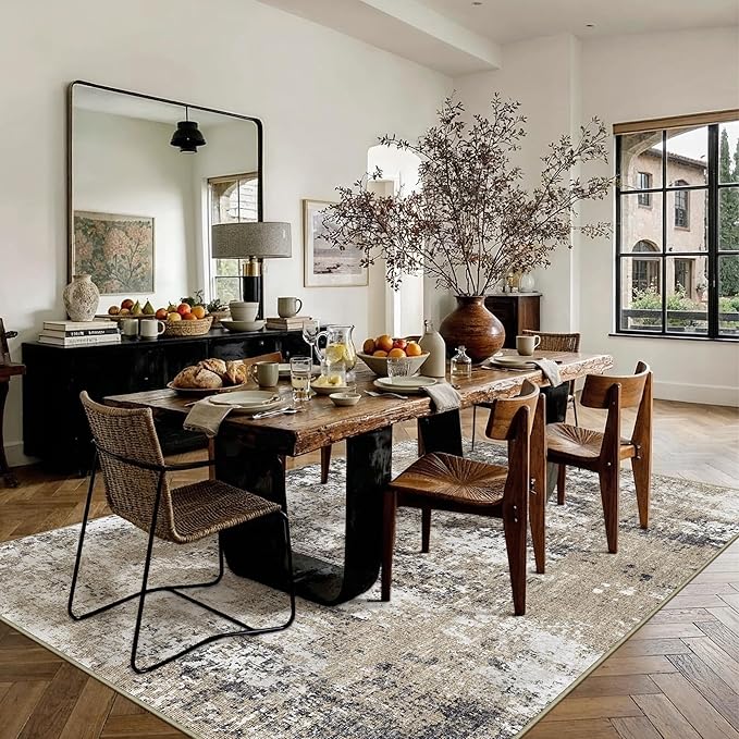 6x9 Abstract Area Rug Brown Washable Modern Neutral Living Room Carpet Non Slip Ultra Soft Low Pile Contemporary Bedroom Large Rug Indoor Office Dining Room Under Table Playroom