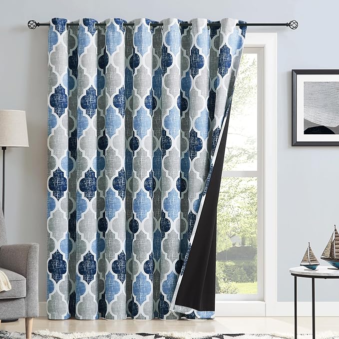 Beauoop Moroccan 100% Blackout Sliding Door Curtains Blue Grey 100x84 1 Set