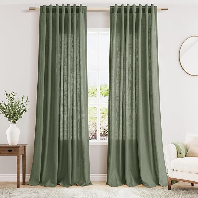 Nanspring Olive Green Linen Sheer Curtains for Living Room 2 Panels Set 88 Inch Length Back Tab Light Filtering & Breathability Semi Sheer Curtain Drapes for Bedroom 52x88