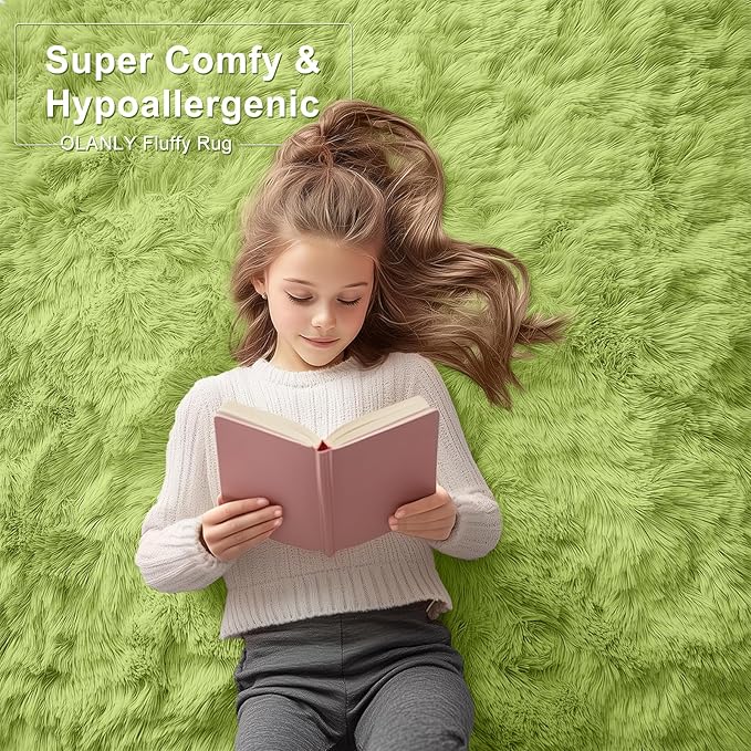 OLANLY 6x9 Machine Washable Large Area Rugs for Living Room, Bedroom, Soft Fluffy Shaggy Bedside Rug, Indoor Floor Carpet for Kids Girls and Boys, Dorms, Nursery, Home Decor Aesthetic, Grass Green