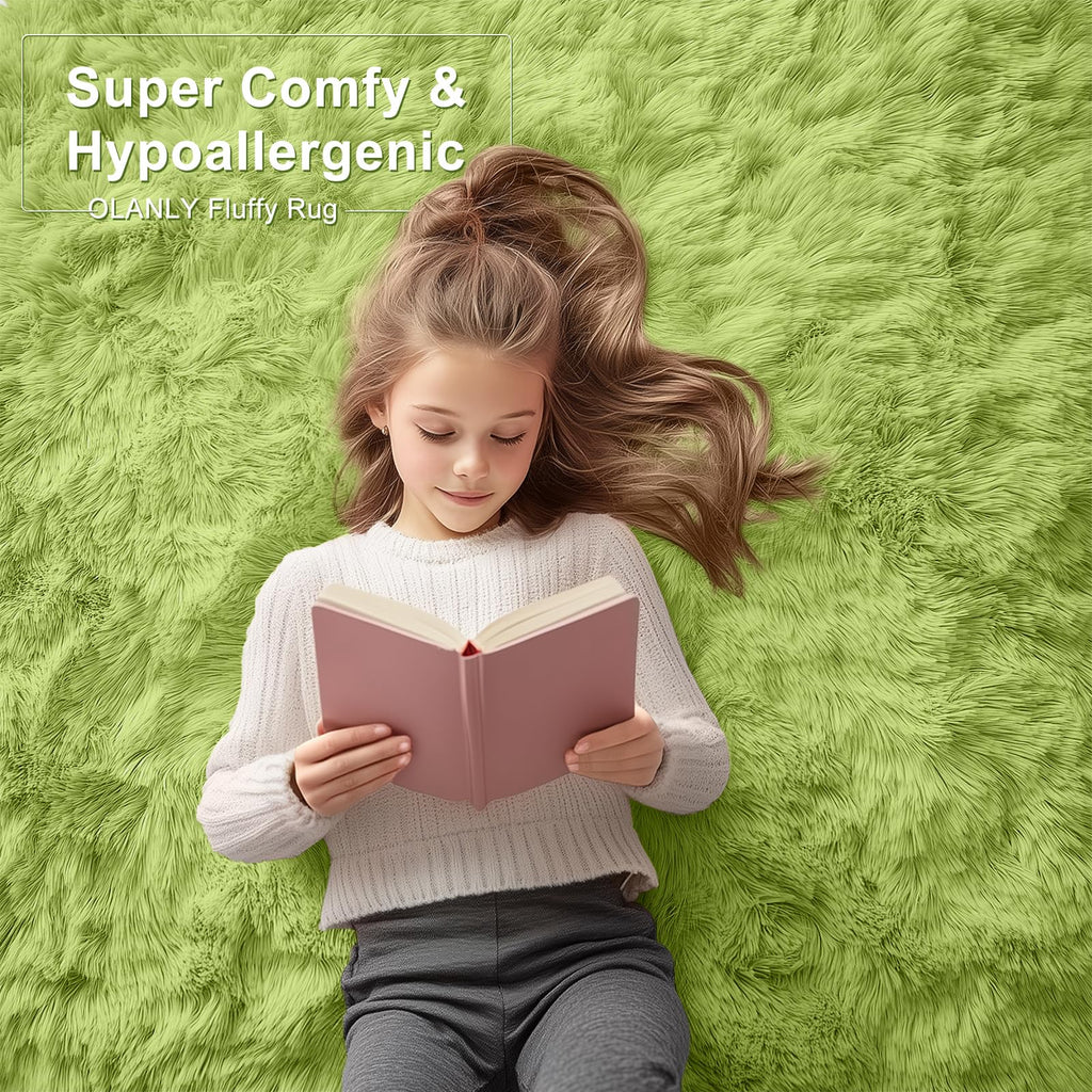 OLANLY 5x8 Machine Washable Large Area Rugs for Living Room, Bedroom, Soft Fluffy Shaggy Bedside Rug, Indoor Floor Carpet for Kids Girls and Boys, Dorms, Nursery, Home Decor Aesthetic, Grass Green