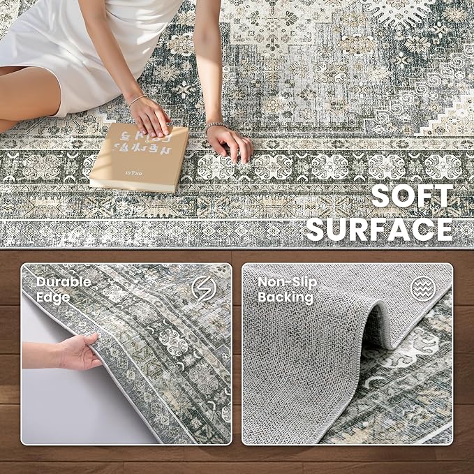 zesthome 8x10 Area Rugs for Living Room,Non-Slip Backing Washable Rugs,Vintage Large Area Rug，Stain Resistant Home Decor Rug (Wheat/Charcoal,8'x10')