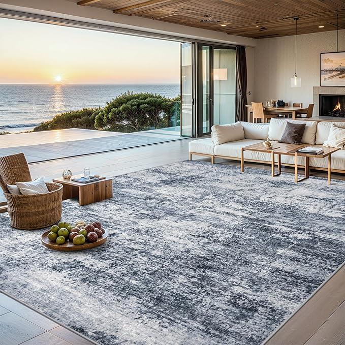 Area Rugs 10x12 Living Room - Washable Rug Modern Abstract Soft Large Neutral Non-Slip Carpet Indoor Floor Thin Carpets for Bedroom Dining Room Farmhouse Nursery Home Office Grey Blue