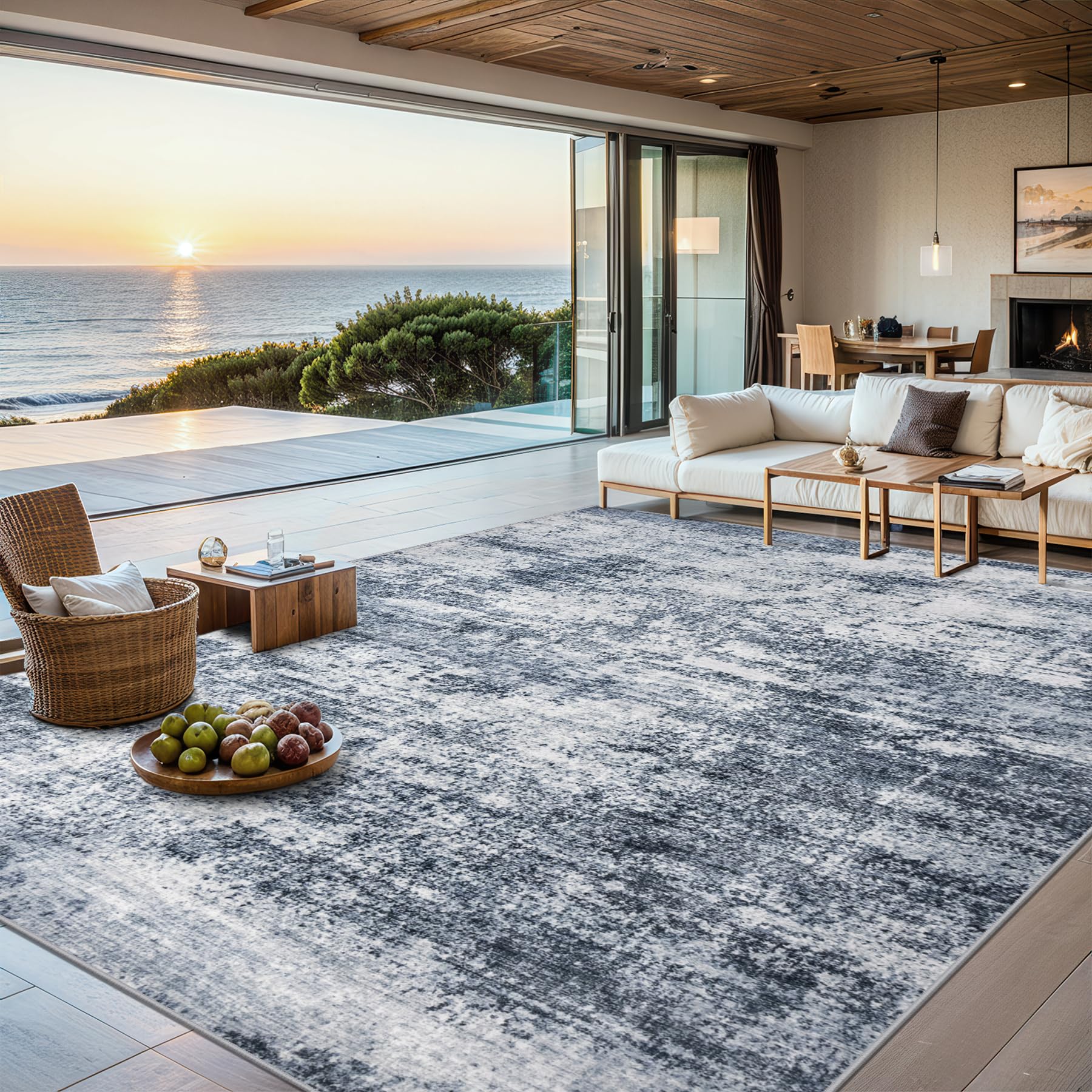 PLHXFR 8x10 Area Rug Living Room: Abstract Washable Carpet Grey Blue
