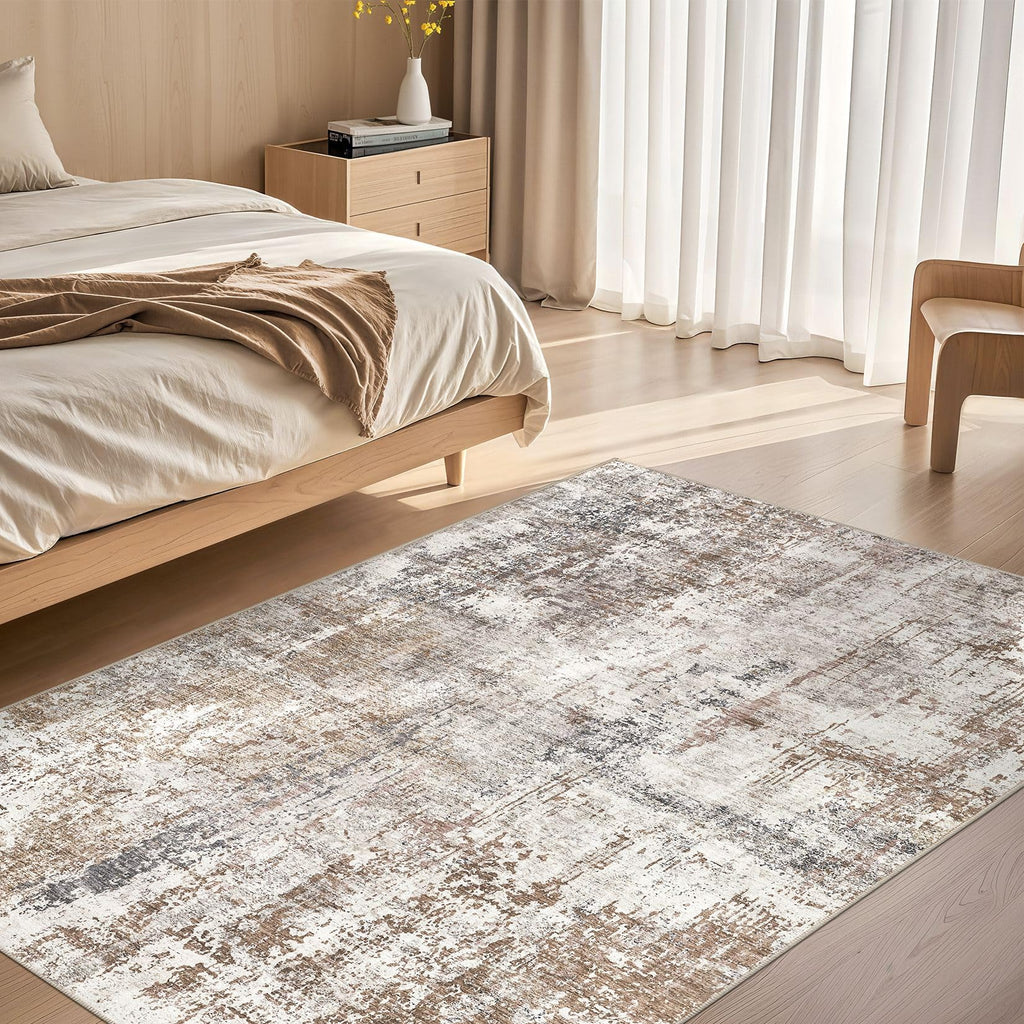 UERMEI 4x6 Area Rug Living Room Rugs - Washable Neutral Modern Abstract Soft Thin Rug Indoor Floor No Slip Rug Carpet for Bedroom Under Dining Table Home Office Decor - Brown/Grey/Red