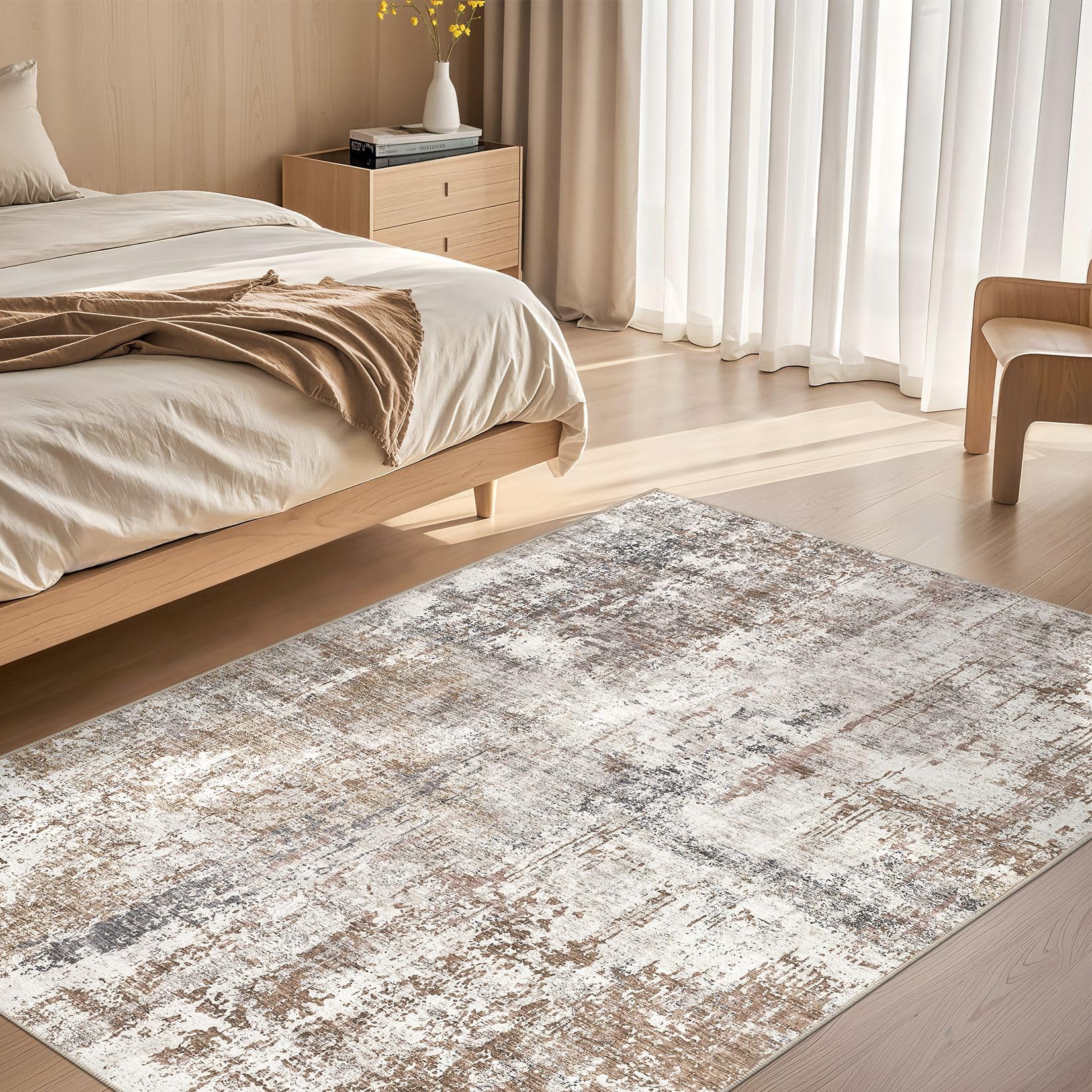 UERMEI 4x6 Area Rug Living Room Rugs - Washable Neutral Modern Abstract Soft Thin Rug Indoor Floor No Slip Rug Carpet for Bedroom Under Dining Table Home Office Decor - Brown/Grey/Red