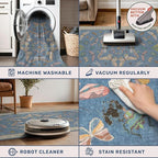 Hazo Haus Washable Blue Rugs for Bedroom Bedside - 3x4 Area Rug for Large Kitchen, Entrance Indoor, Boho Insect Print Bug Décor, Non Slip Low Pile Fade Resistant