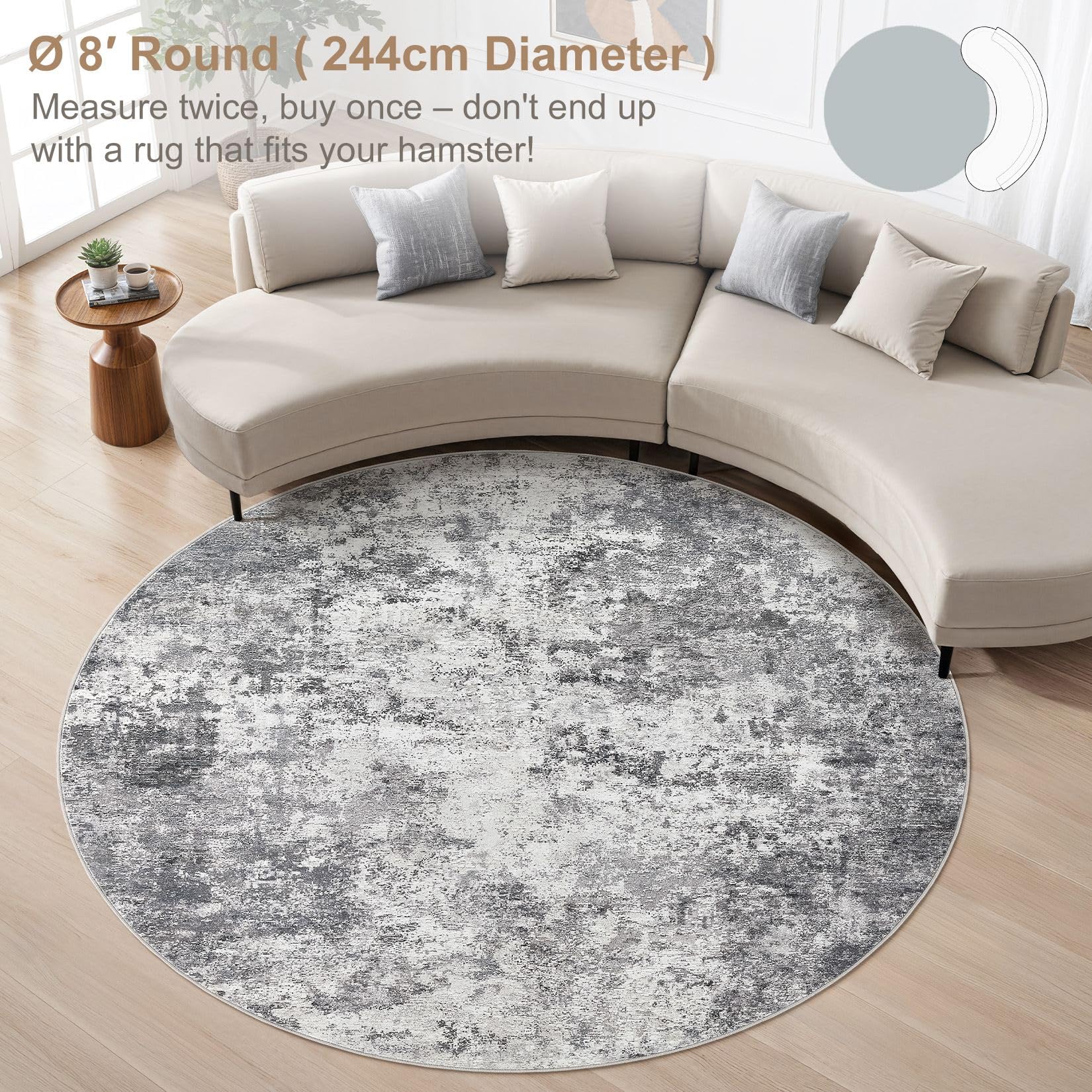 UERMEI 8ft Round Area Rug Living Room Rugs - 8x8 Washable Neutral Modern Abstract Soft Thin Rug Indoor Floor No Slip Rug Carpet for Bedroom Under Dining Table Home Office Decor - Grey