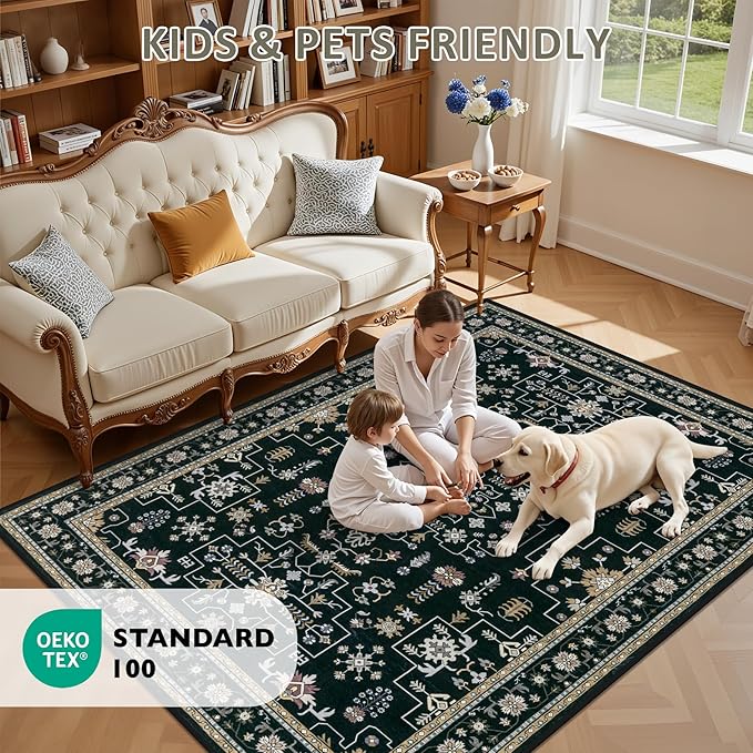 ExpediX 10x14 Area Rugs Living Room: Washable Vintage Rug for Bedroom Black