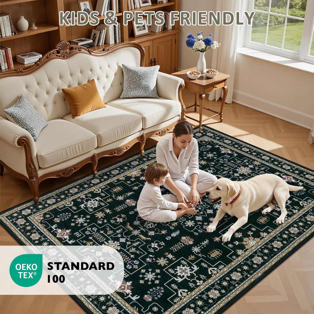 ExpediX 5x7 Area Rugs Living Room: Washable Vintage Rug for Bedroom Black