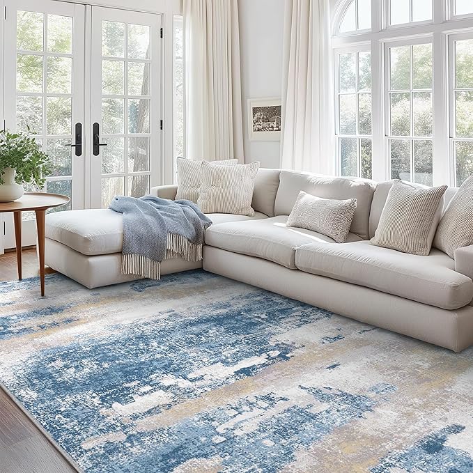 Area Rugs 10x14 for Living Room Bedroom, Modern Abstract Machine Washable Large Blue Cream Rug, Soft Low Pile Floor Carpet with Non Slip Backing for Dining Room