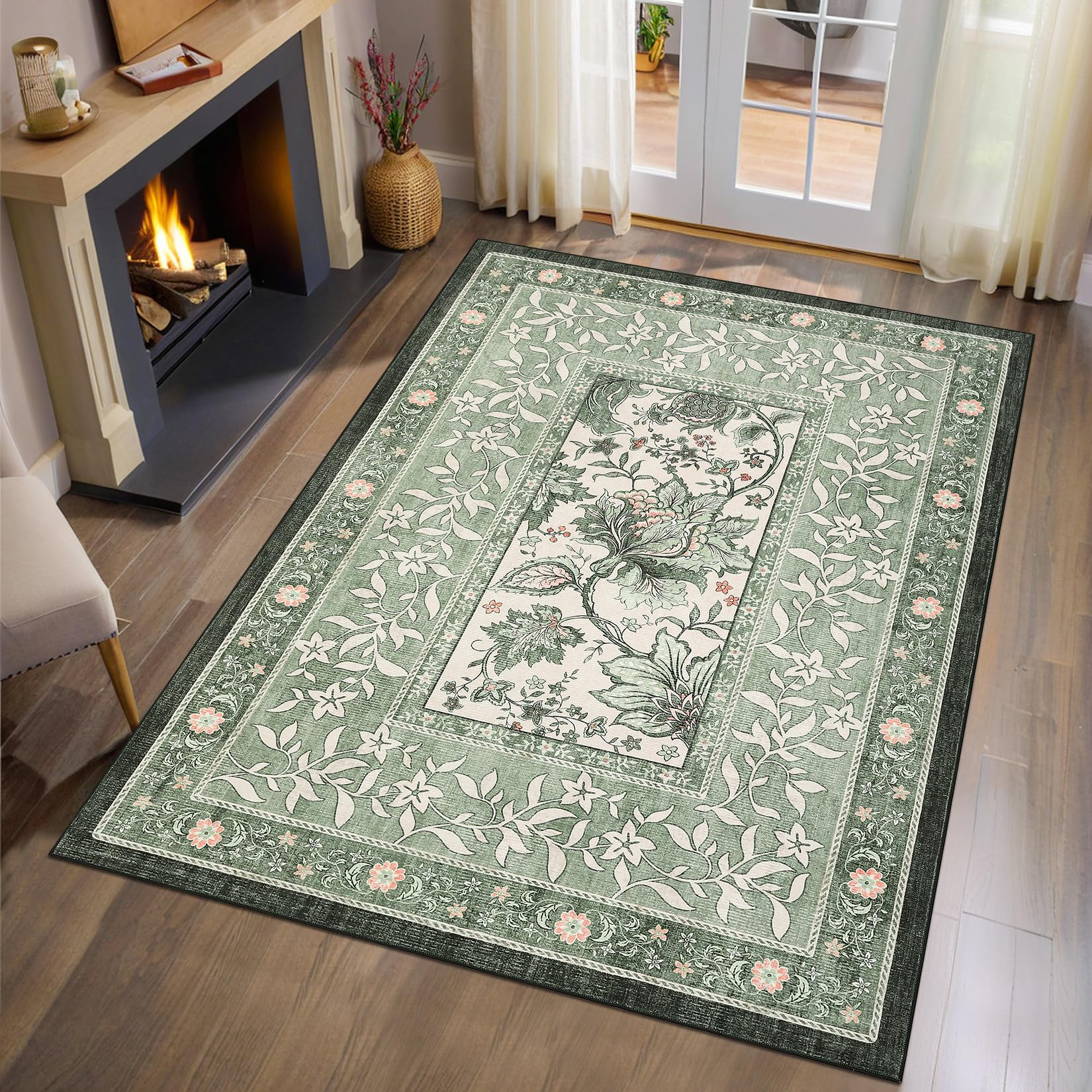GarveeHome Provence Botanical Grove 4x6 Rug Sage Green Vintage Cottagecore Carpet 4 x 6 Area Rug for Bedroom Living Room Nursery Kitchen Entryway Indoor Mat