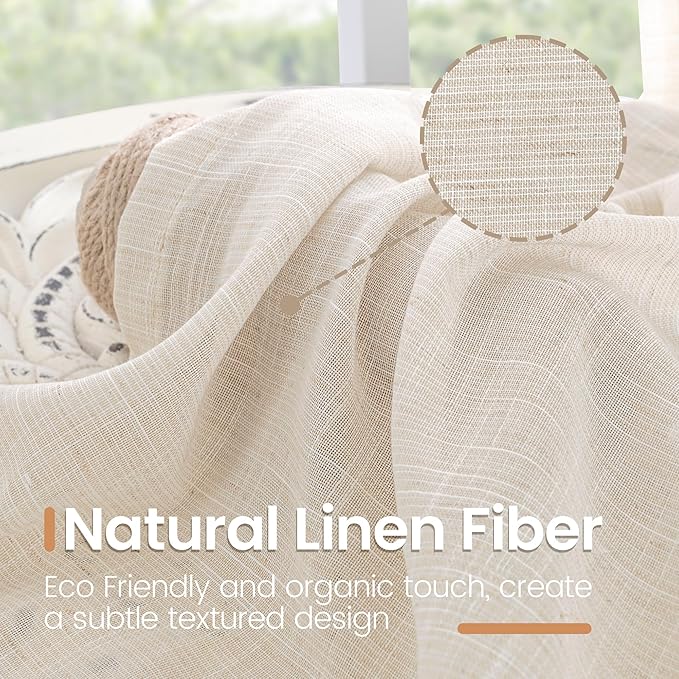 BGment Oatmeal Linen Curtains 40 Inch Length for Short Window - Semi Sheer Drapes Textured Light Filtering with Rod Pocket for Kitchen Bathroom Lightweight, 2 Panels Set, 42 X 40 Inch