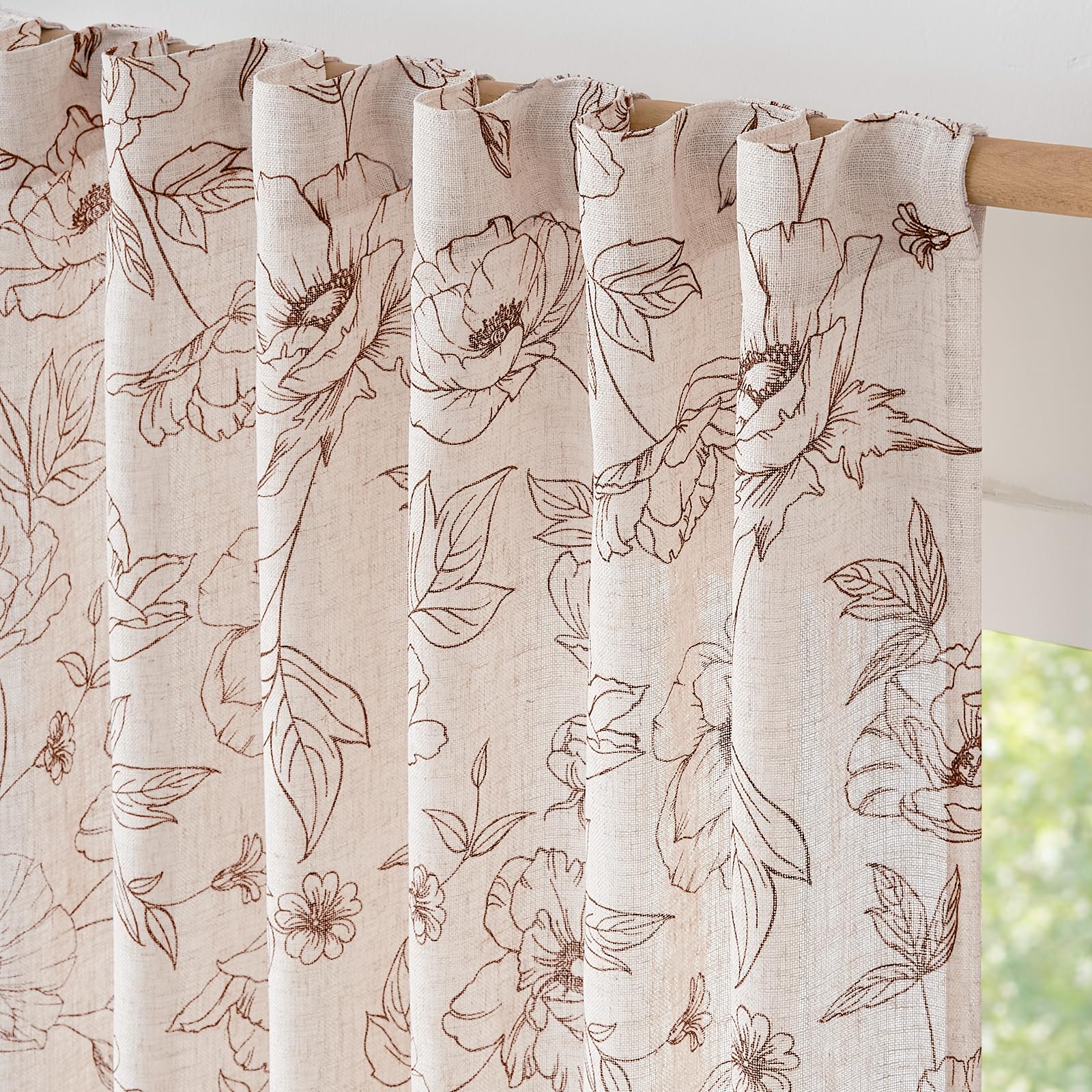 jinchan Floral Linen Curtains for Living Room 84 Inch Length Brown Flower Curtain Rod Pocket Back Tab Farmhouse Curtains with Printed Floral Bedroom Window Curtain Set, 2 Panels Brown