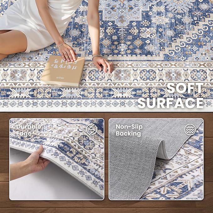 zesthome 6x9 Area Rug, Super Soft Washable Rugs for Living Room, Non-Slip Stain Resistant Vintage Rugs, Ultra-Thin Large Area Rugs (Blue/Beige,6'x9')