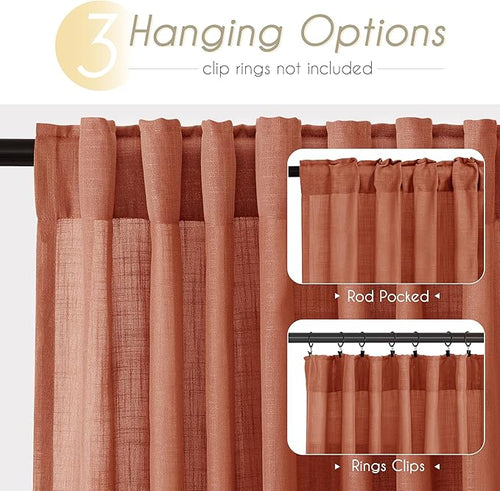 108 inch Linen Terracotta Curtains 2 Panels for Living Room Back Tab Light Filtering Semi Sheer Rust Colored Curtains 108 inches Long Soft Thick Cotton Cloth Textured Rustic Boho Farmhouse Room Decor