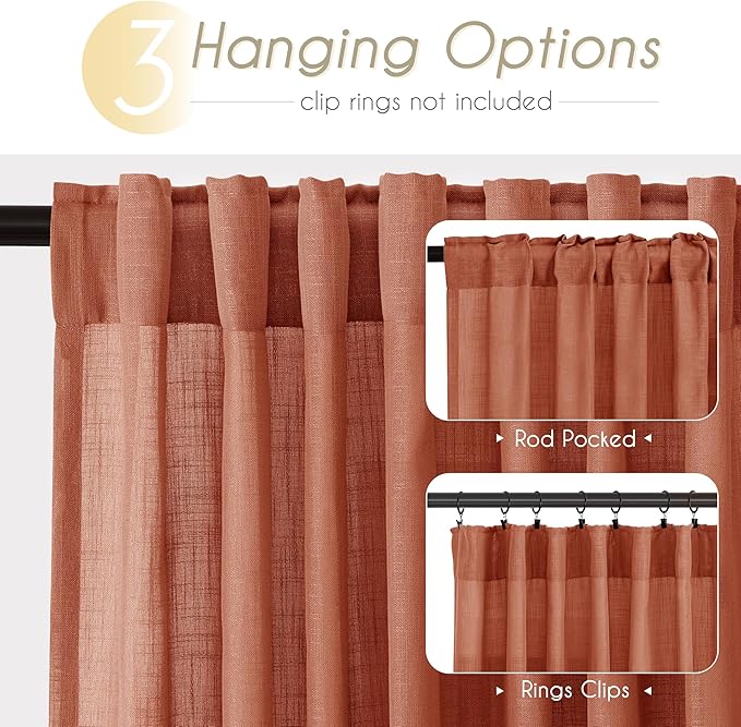144 inch Linen Terracotta Curtains 2 Panels for Living Room Back Tab Light Filtering Semi Sheer Rust Colored Curtains 144 inches Long Soft Thick Cotton Cloth Textured Rustic Boho Farmhouse Room Decor