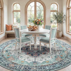 Area Rugs 8ft Washable Non-Slip, Floral Vintage Distress Print Pattern Medallion Carpet for Living Room Bedroom Dining Room, Green Navy Blue White Red Teal Colorful