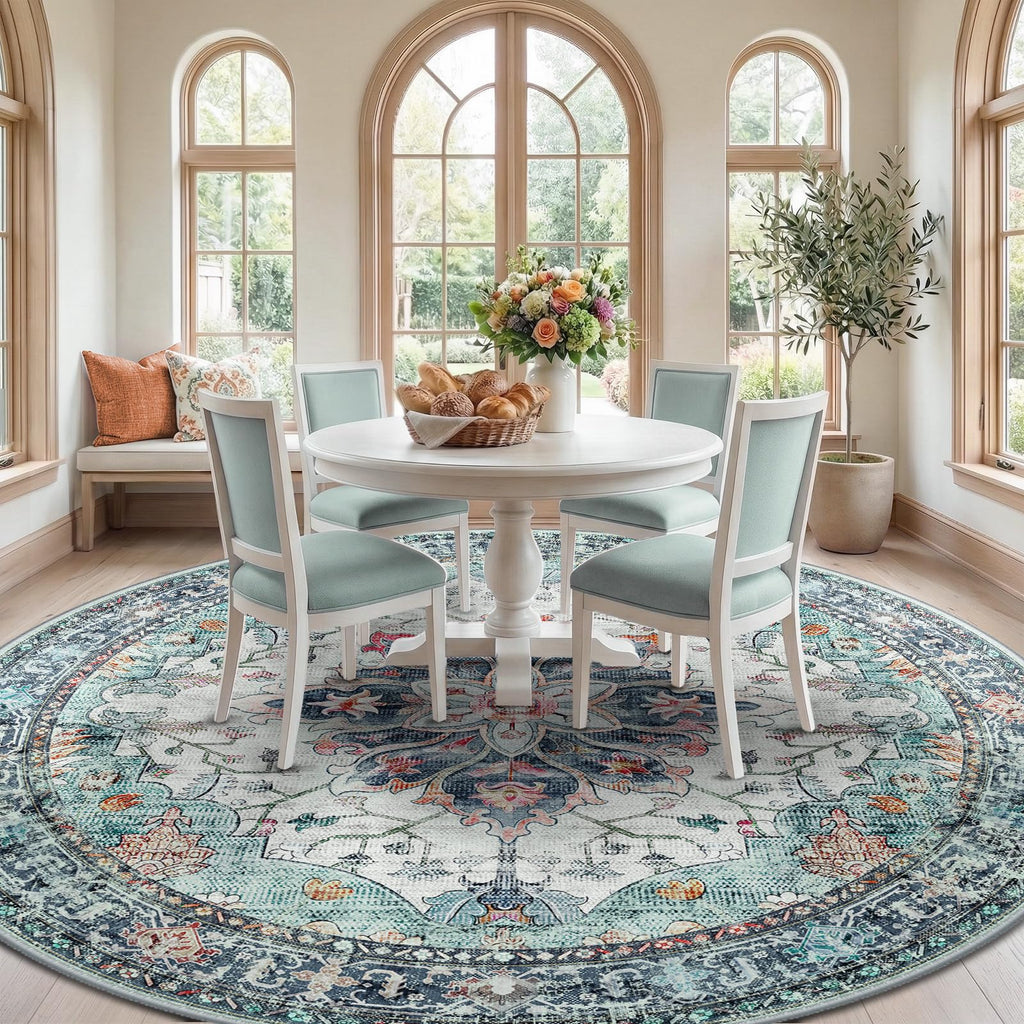 RELEANY Washable Area Rug, Round 8ft, Teal Green/White/Navy