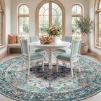 RELEANY Washable Area Rug, Round 8ft, Teal Green/White/Navy