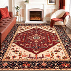SERISSA Washable Rugs 8x10 Area Rugs, Large Non-Slip Boho Living Room Rug, Ultra Soft Oriental Vintage Red Black Print Distressed Carpet for Dining Room Bedroom Dorm Office Home Decor