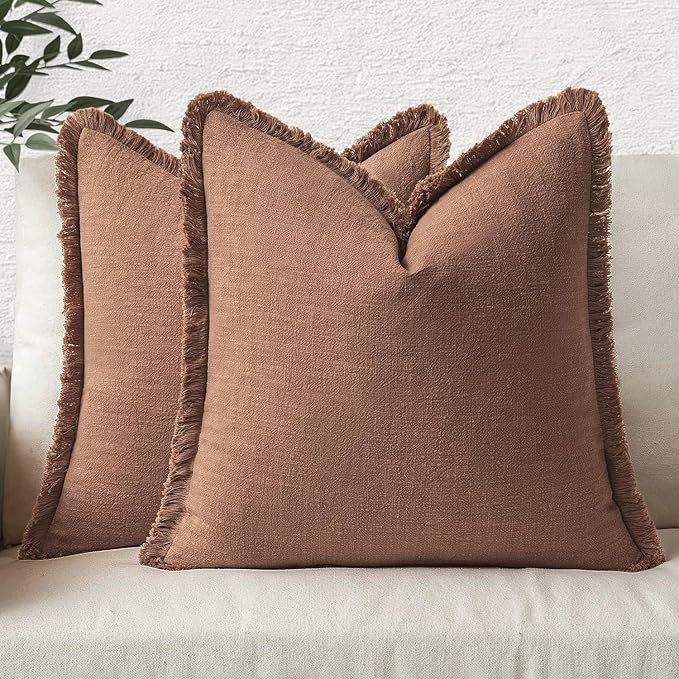 MIULEE Boho Linen Fringe Decorative Fall Throw Pillow Covers Brick 18x18
