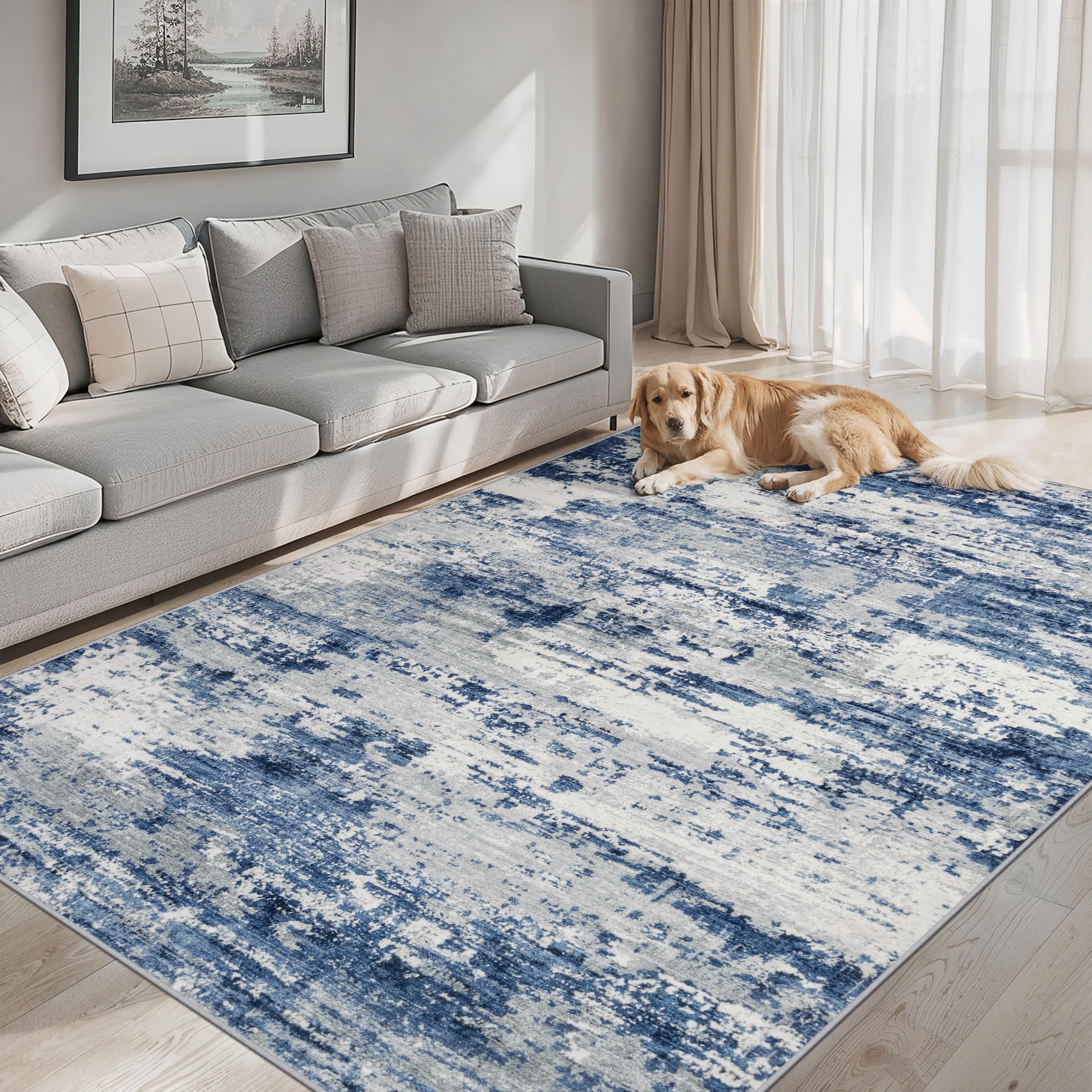 PLHXFR Area Rug Living Room: 4x6 Abstract Washable Carpet Blue Gray