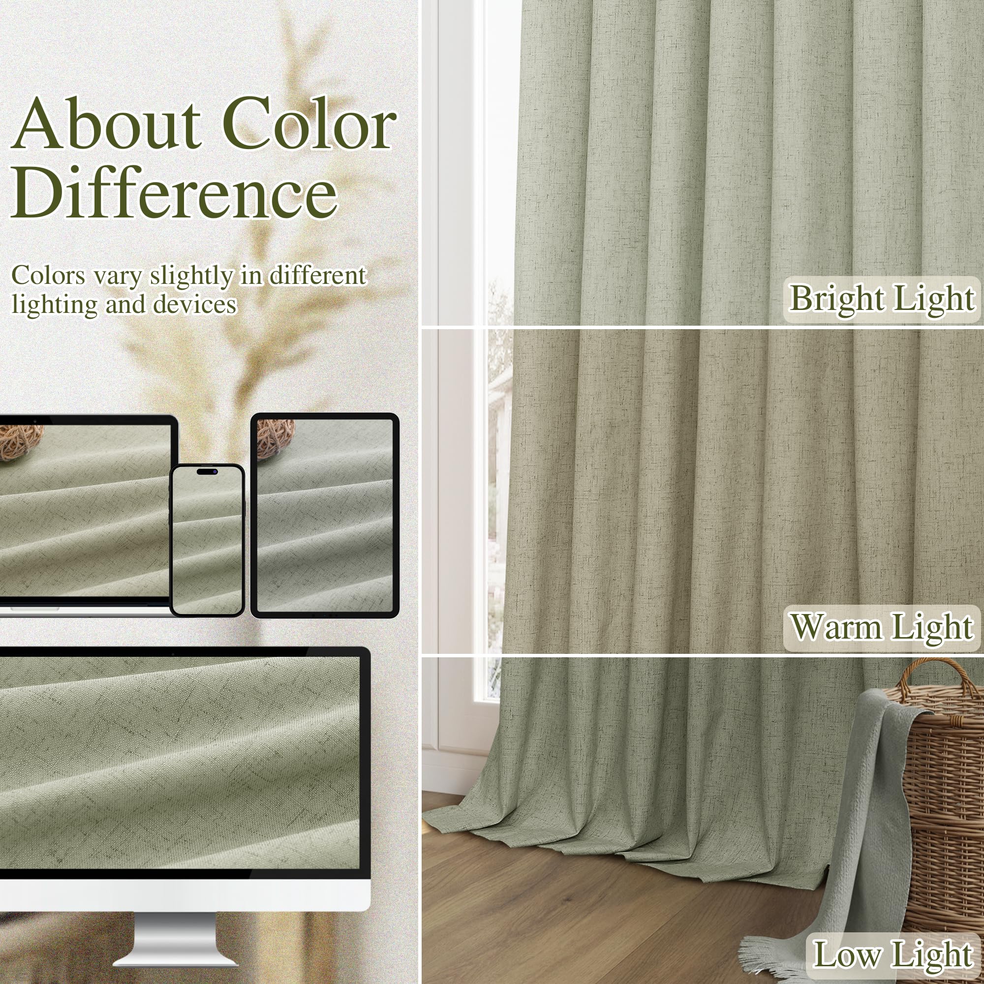 Sage Green 100% Blackout Linen Curtains 108 Inch Length 2 Panels Set for Living Room Bedroom Back Tab Rod Pocket Thermal Insulated Black Out Drapes Room Darkening Window Curtains 52x108