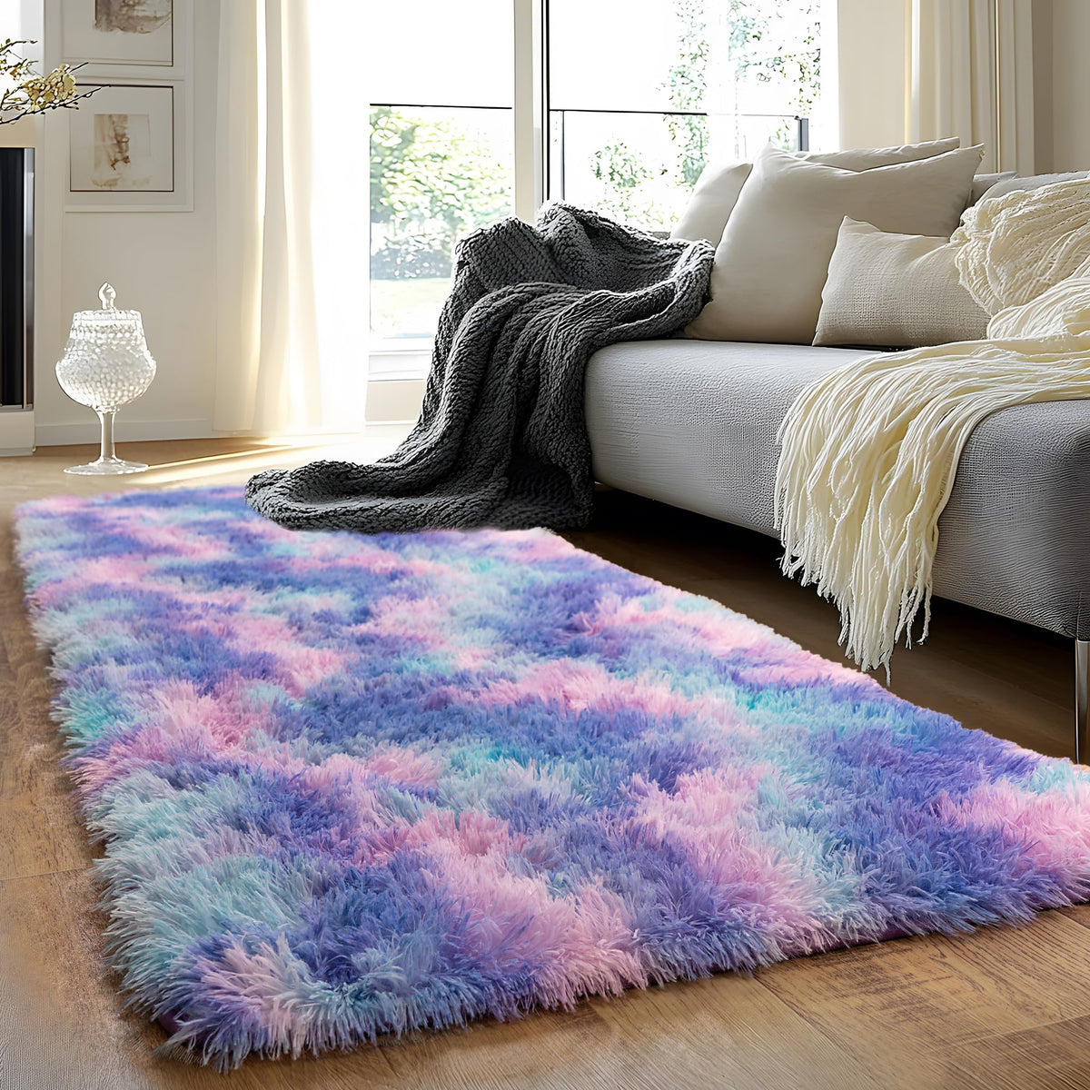 Quntue Runner Rugs for Bedroom 2x6 Rug Runners for Hallways Non Slip Soft Shag Bedside Rug, Fluffy Area Rug Throw Rugs for Living Room, Floor Carpet Runner for Nursery Kids Dorm, Rainbow Purple