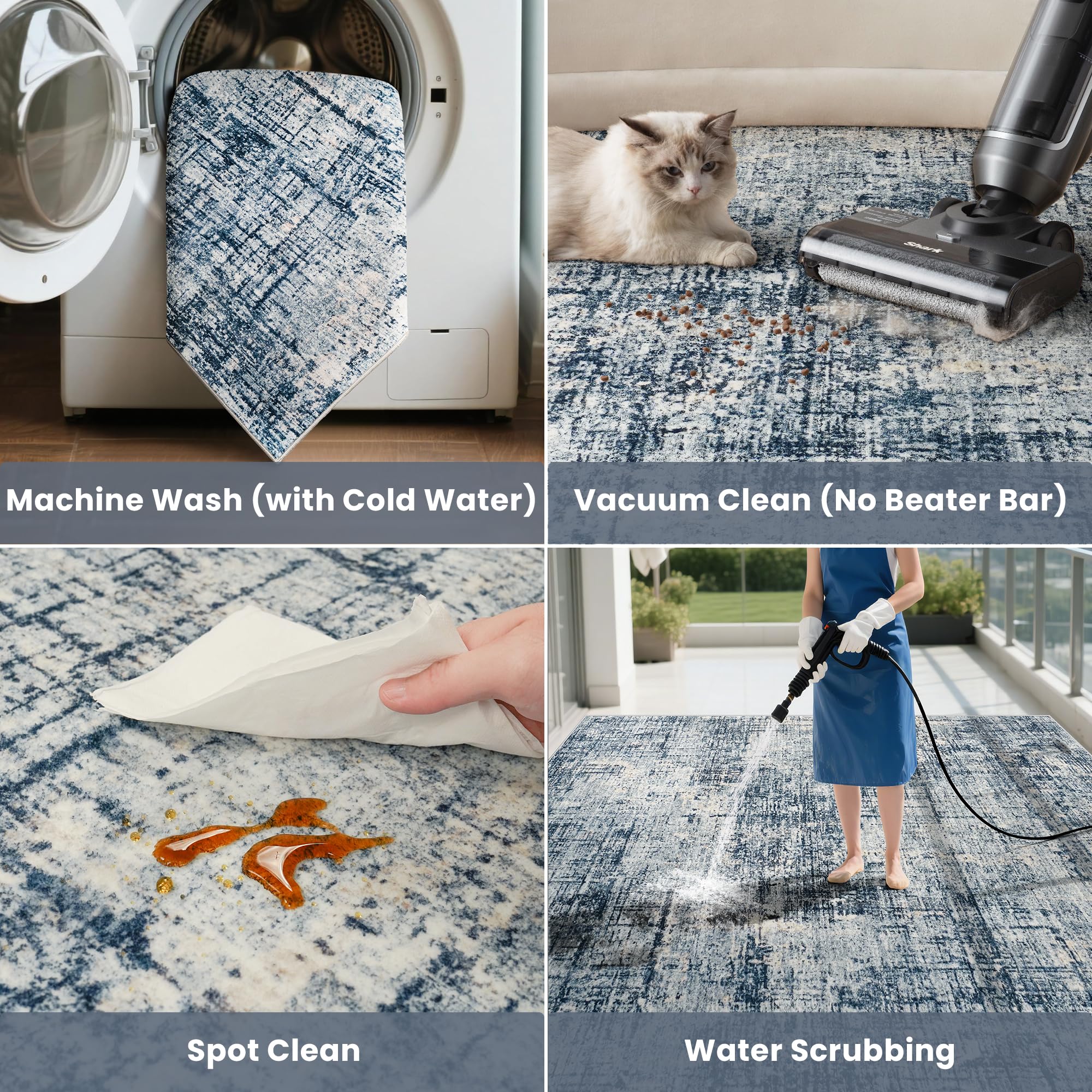 10x14 Washable Area Rug for Living Room Bedroom: Non-Slip Modern Blue Gold