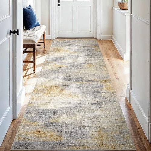 2'6"x8 Runner Rug Washable Abstract: Non Slip Kitchen Floor Mat Grey/Yellow