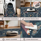 Blue 5x8 Washable Living Room Rugs - Stain Resistant Non Slip Insect Rug for Dining Room, Low Pile & Soft Carpet for Bedroom, Dark Vintage Décor Indoor, Non Skid with Rubber Backing
