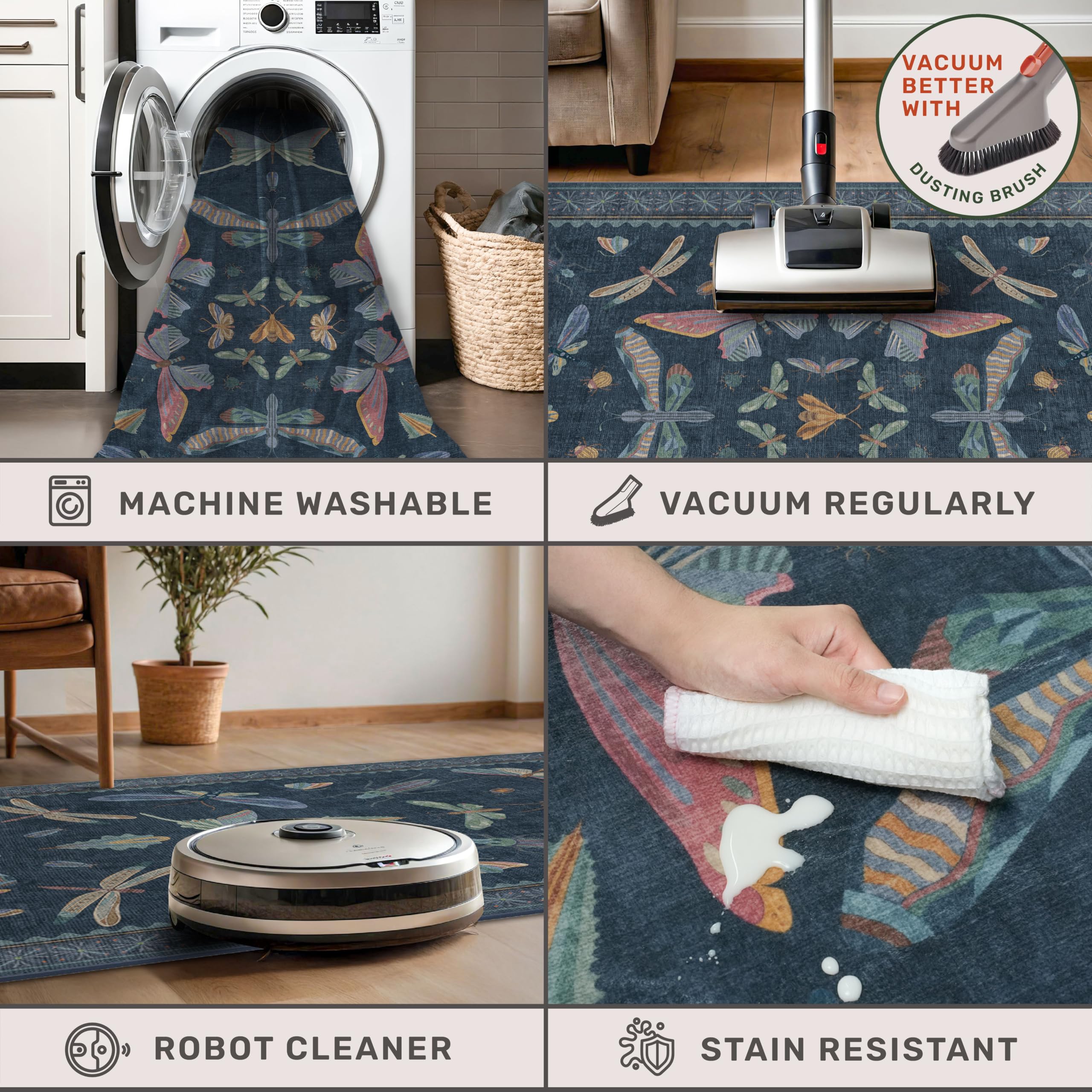 Blue 5x8 Washable Living Room Rugs - Stain Resistant Non Slip Insect Rug for Dining Room, Low Pile & Soft Carpet for Bedroom, Dark Vintage Décor Indoor, Non Skid with Rubber Backing