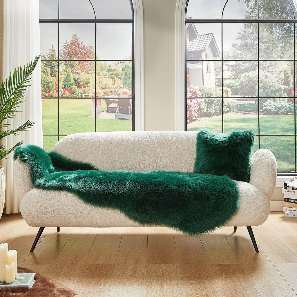 AMTOVO Faux Sheepskin Rug, Dark Green Ultra Soft Fluffy Shag Area Rug, 2 x 6 ft Faux Fur Rug for Bedroom Sofa Throw Cushion Room Decor, Sheepskin