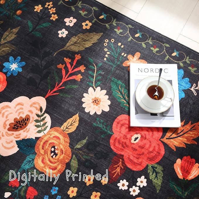 Rugcomf Round Rug 4ft Washable Circle Rug Non Slip Low Pile Boho Floral Small Circular Rug for Bedroom, Bathroom, Entryway, Kids Room, Office, College Dorm(Black)