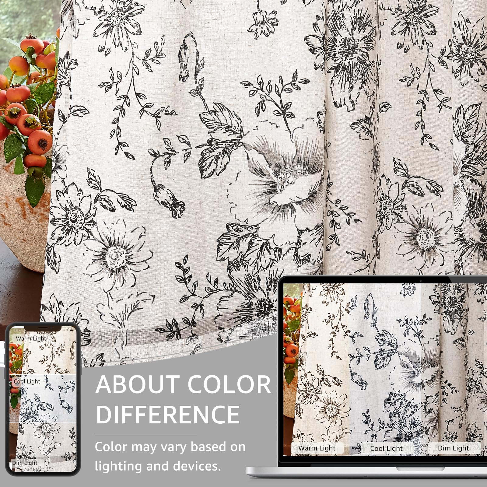jinchan Vintage Floral Linen Curtains 102 Long for Living Room 2 Panels