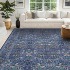 Hazo Haus Dark Blue Living Room Rug 8x10, Vintage Floral Washable Area Rugs for Bedroom, Dining Room Under Kitchen Table, Oriental Low Pile Stain Resistant Non-Slip Large Navy Decor