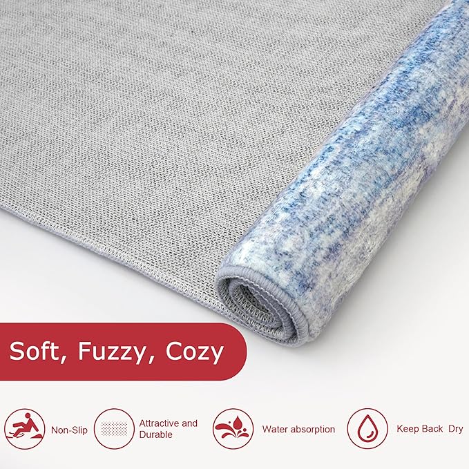 KOZYFLY Modern Abstract Washable Long Rug Runner 2.6x18 Hallway Rug Runner Non-Slip Soft Stair Runners, Blue/Grey/Beige Striped 18 feet Runner Rug for Kitchen Entryway Bathroom Foyer